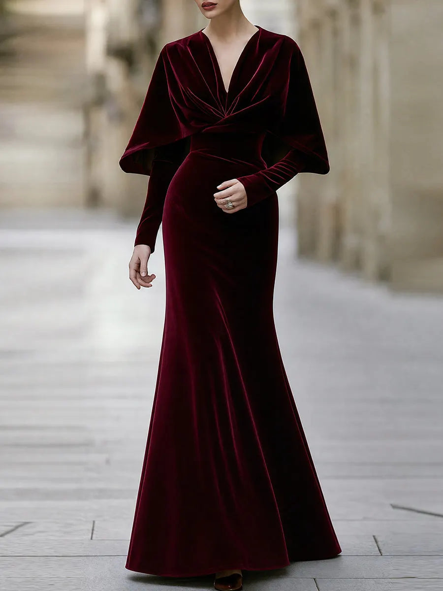 Elegant Velvet V-Neck Cape Sleeve Mermaid Evening Gown