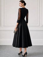 Satin Plunge-Neck Mesh-Sleeve Fit-and-Flare Midi Dress
