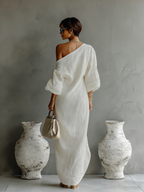 Women's Ivory White Cotton-Linen Blend One-Shoulder Flowing Elegant Dress