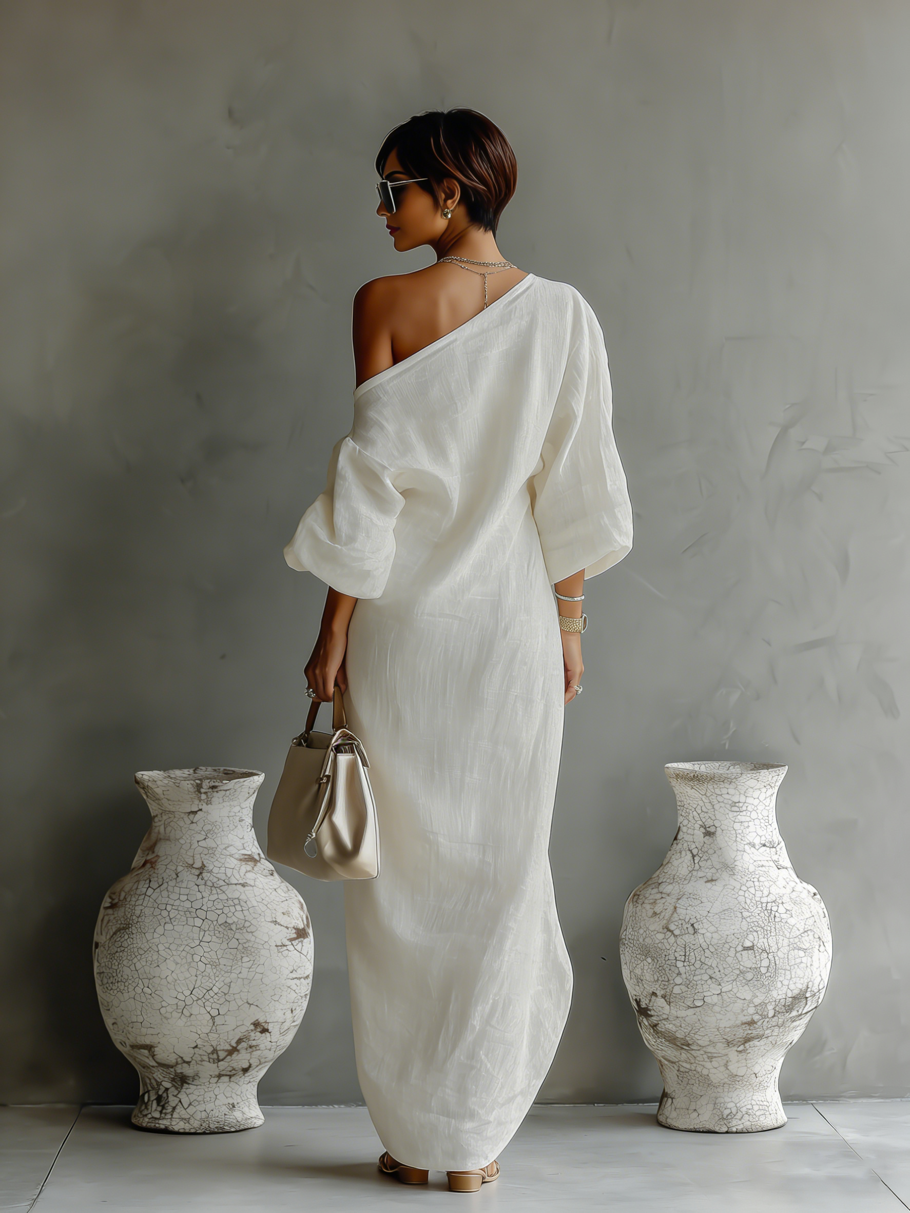 Women's Ivory White Cotton-Linen Blend One-Shoulder Flowing Elegant Dress