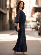 Sequin Mermaid Evening Gown with Sheer Chiffon Batwing Sleeve Overlay