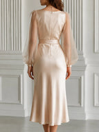 Satin V-Neck Organza Puff Sleeve Sash Bow Midi Dress