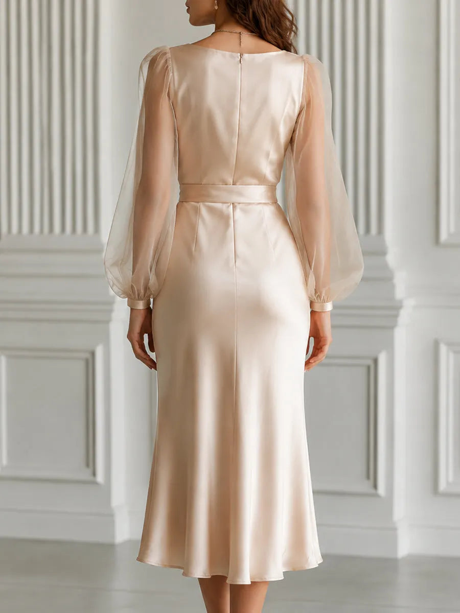 Satin V-Neck Organza Puff Sleeve Sash Bow Midi Dress