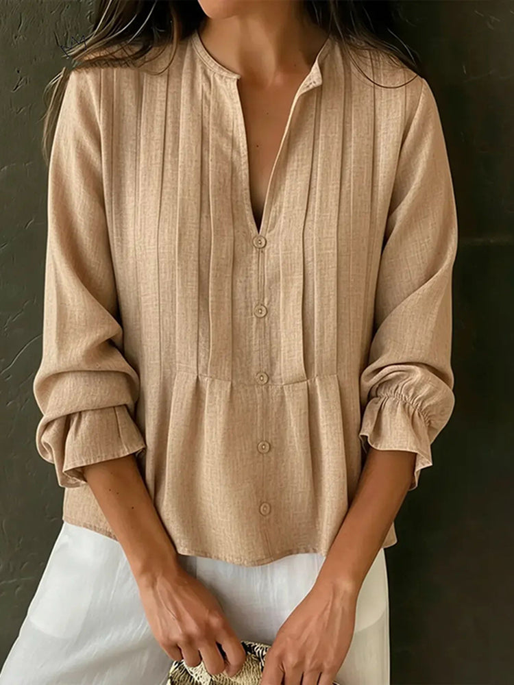 Women's Retro Solid Color V-neck Cotton Linen Shirt