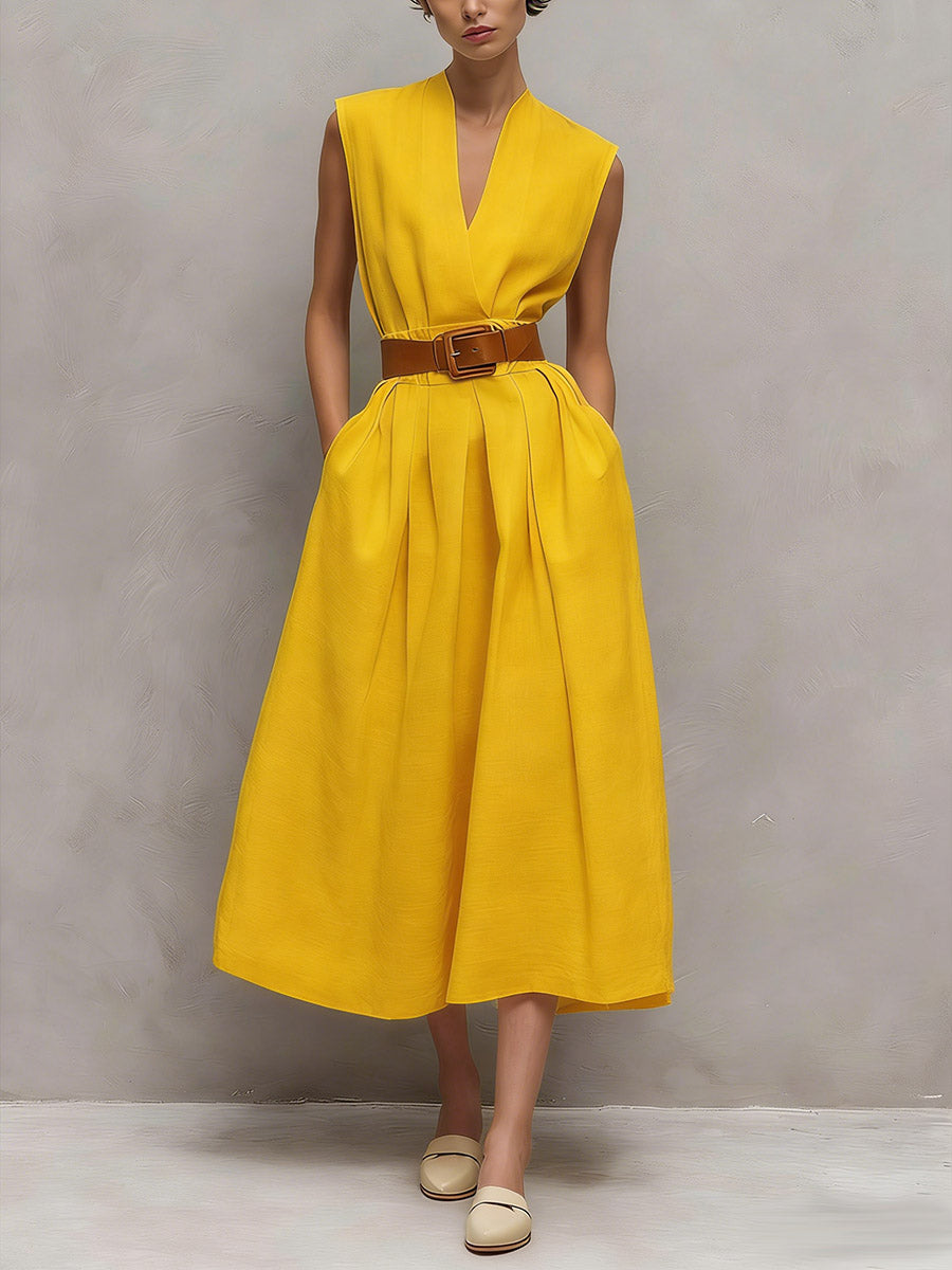 Women's V-neck Sleeveless Casual Loose Cotton Dress