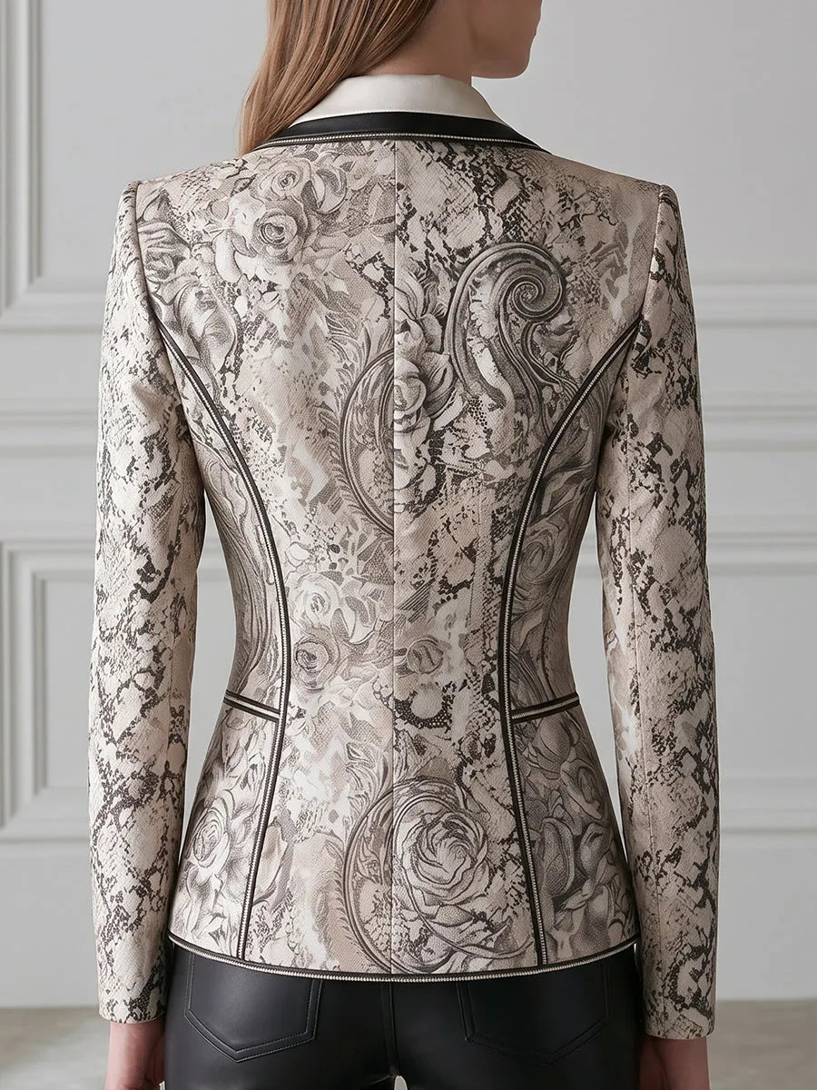 Ornate Snake Print Contrast-Lapel Tailored Blazer