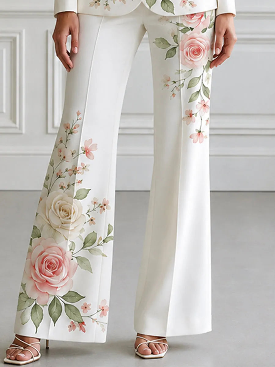Floral Print Double Breasted Blazer & Flared Pants Suit