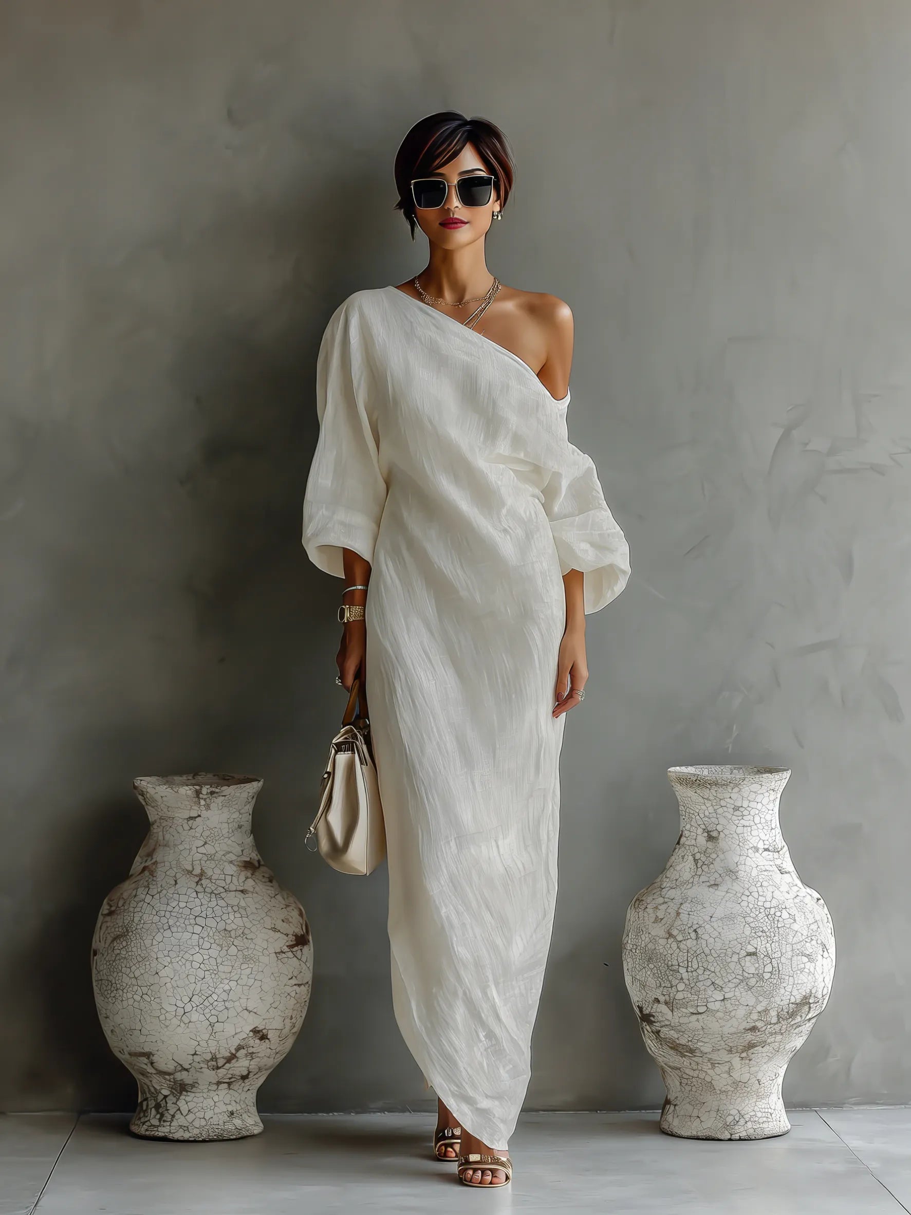 Women's Ivory White Cotton-Linen Blend One-Shoulder Flowing Elegant Dress