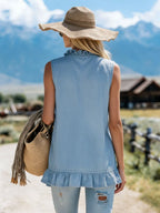 Ruffled V-neck Sleeveless Denim Top