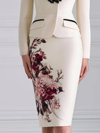 Lace-Trim Floral Blazer And Pencil Skirt Set