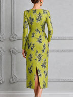 Chartreuse Floral Print Square Neck Pencil Midi Dress