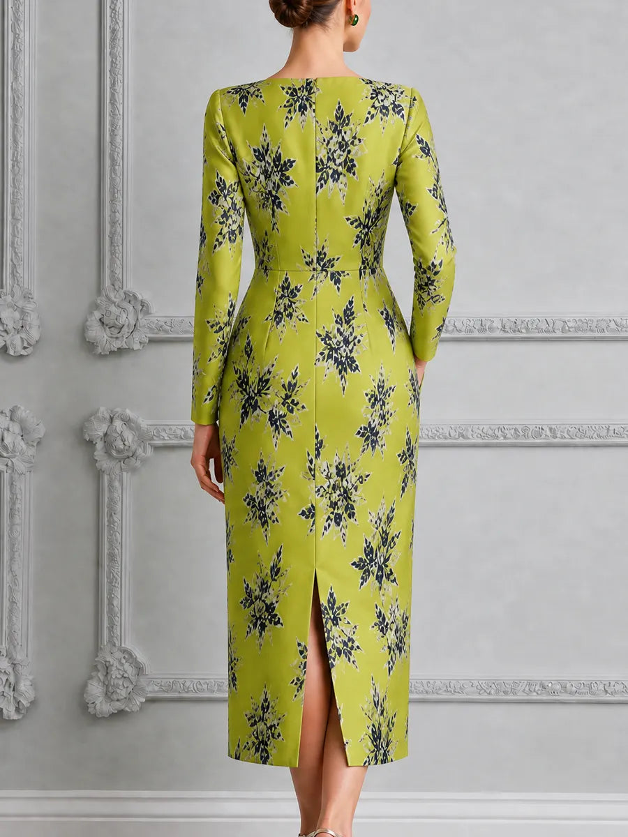 Chartreuse Floral Print Square Neck Pencil Midi Dress