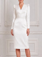 White Dress Ruffle Shoulder Ruched Waist Pencil Midi Dress