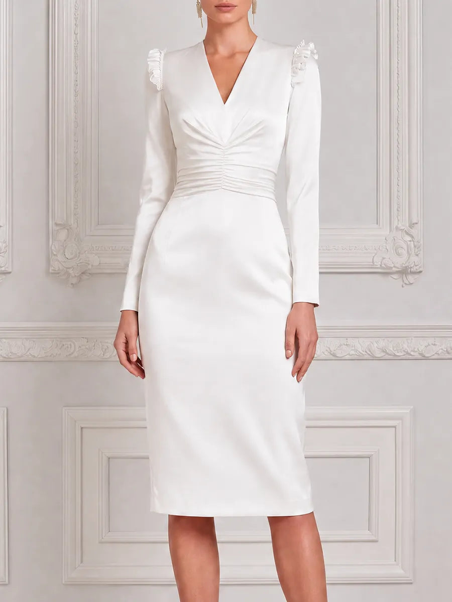 White Dress Ruffle Shoulder Ruched Waist Pencil Midi Dress