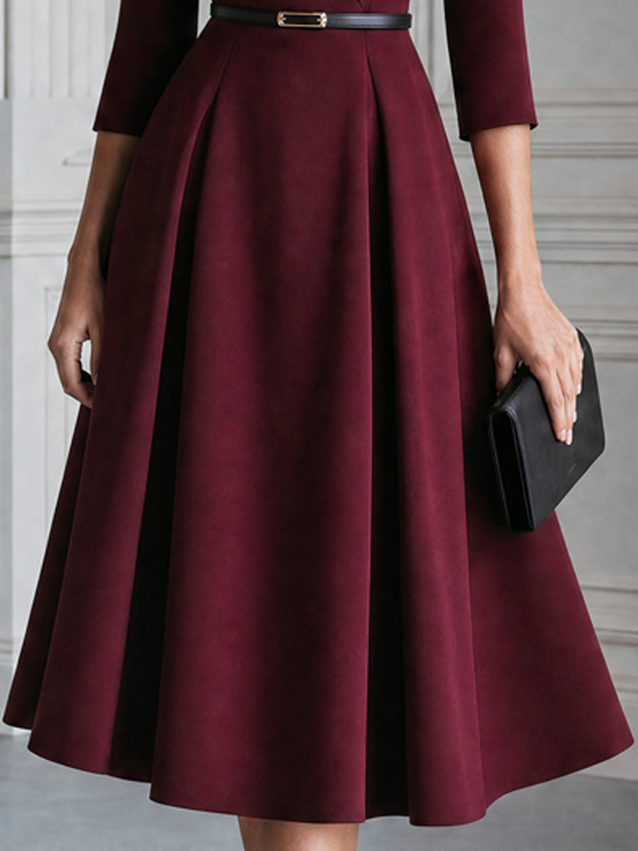 Belted Blazer Collar 3/4 Sleeve Fit-and-Flare Midi Dress