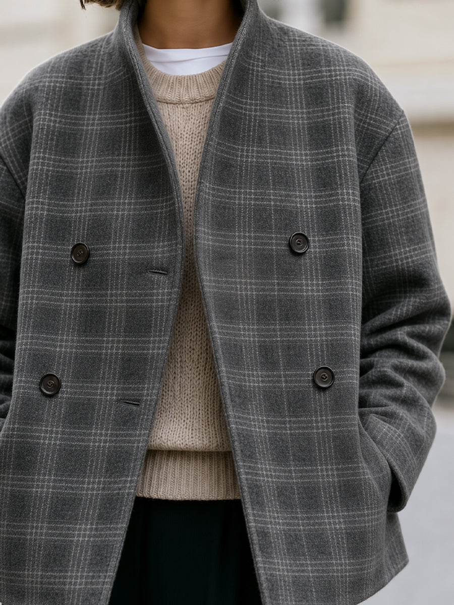Grey Plaid Stand Collar Double-Breasted Cropped Wool Jacket