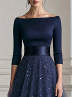 Off Shoulder Satin Sequin Tulle A Line Midi Dress