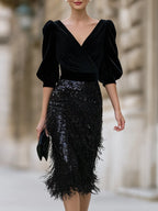 Velvet Puff Sleeve Sequin Fringe Midi Cocktail Dress