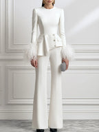 Feather-Cuff Long Sleeve Peplum Top & Flare Pants Two-Piece Set