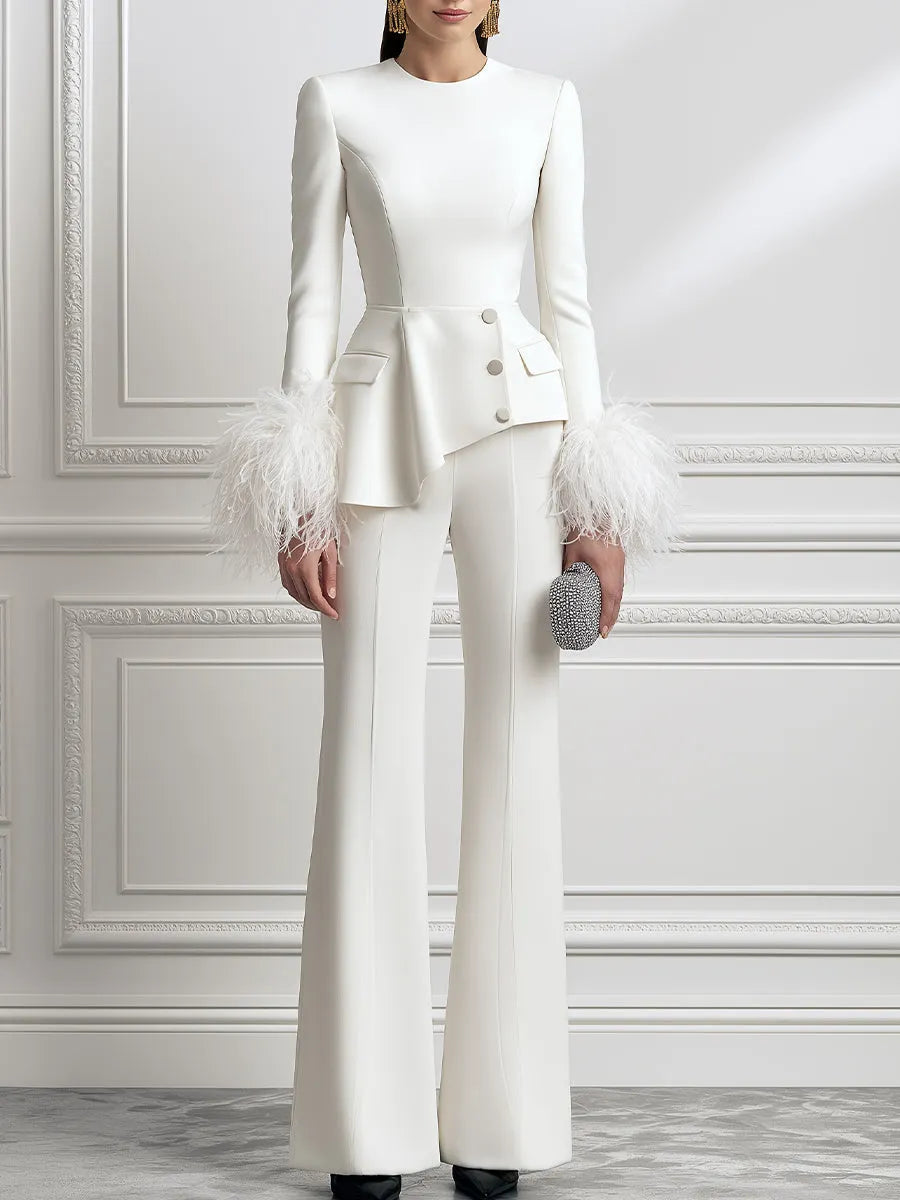 Feather-Cuff Long Sleeve Peplum Top & Flare Pants Two-Piece Set