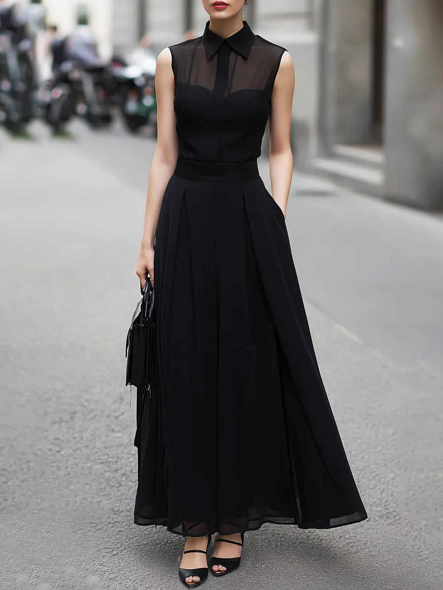 Sheer-Paneled Sleeveless Top & Collared Skirt Two-Piece Set