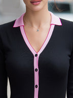 Contrast Collared Button-Front Knit Cardigan