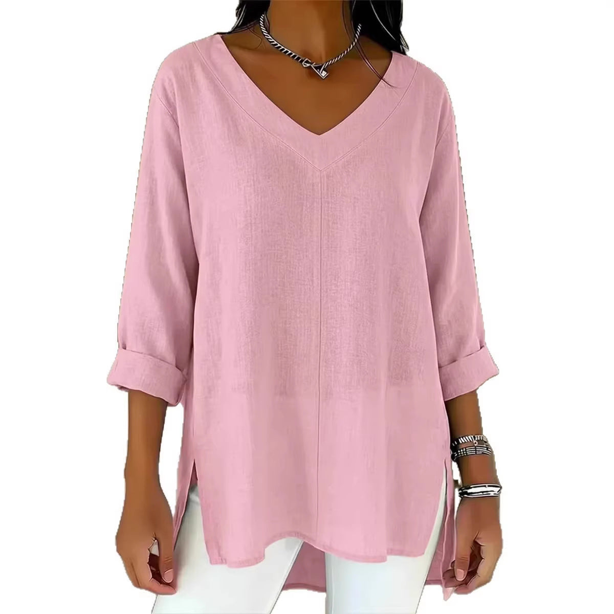 Casual Women's Fashion Solid-Color V-Neck Loose-Fit Top