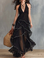 Women's Solid Color Ruffled Art Stylish Chiffon Casual Dress
