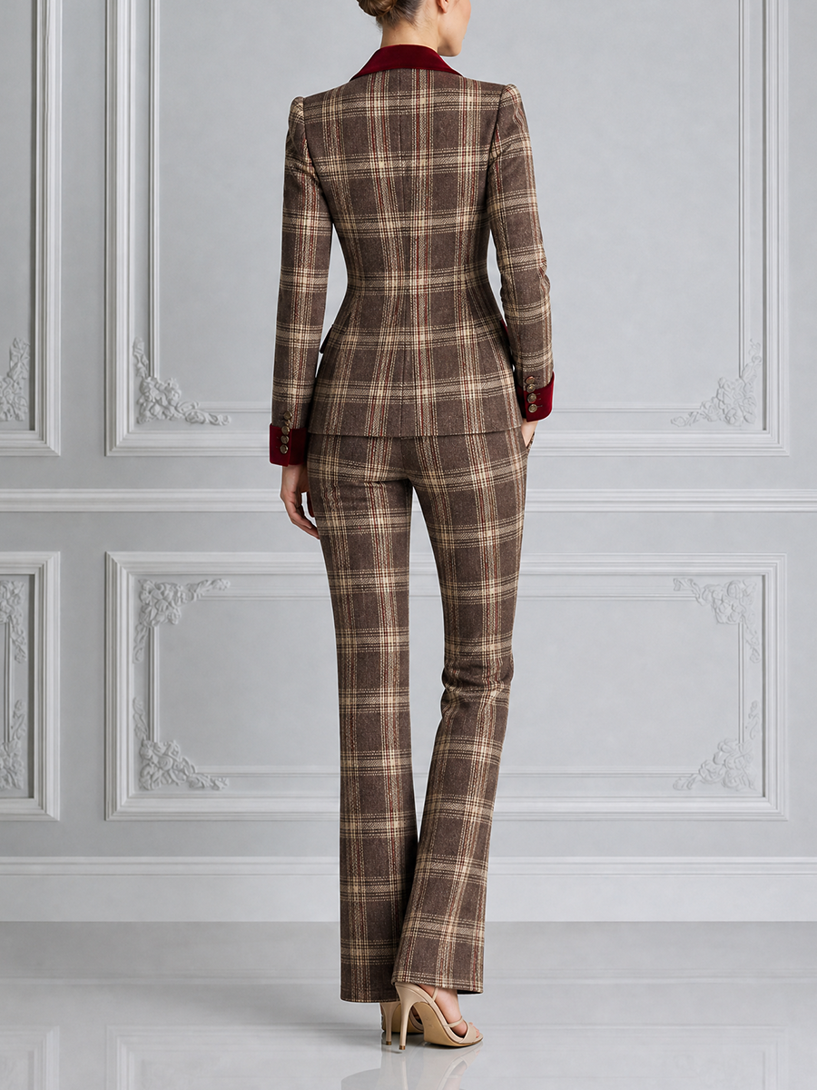 Brown Plaid Preppy Velvet Lapel Blazer & Flare Pants Set