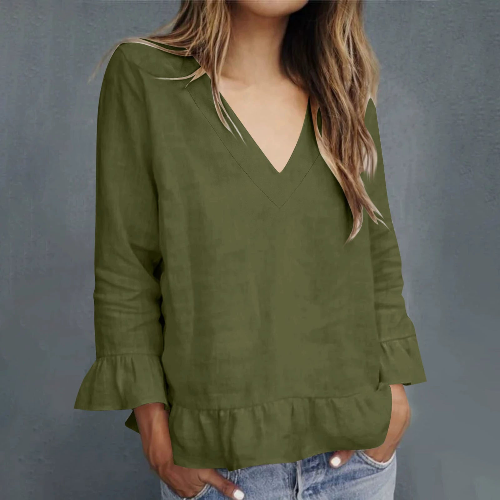 Women's Casual Ruffled V-neck Linen Blend Blouse