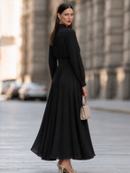 Women's Elegant Long Sleeve Shirt Collar Pleated A-Line Maxi Dress