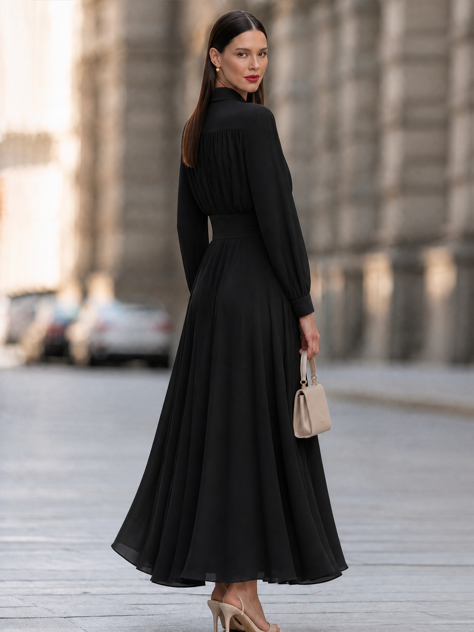 Women's Elegant Long Sleeve Shirt Collar Pleated A-Line Maxi Dress
