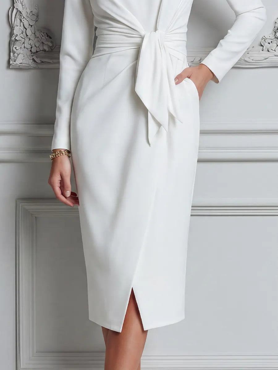White Dress Ruched Knot Waist Front Slit Pencil Midi Dress