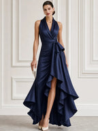 Satin Halter Bow-Waist High-Low Maxi Gown