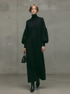 Women's Modern Black Turtleneck Puff-Sleeve Sweatshirt Maxi Dress