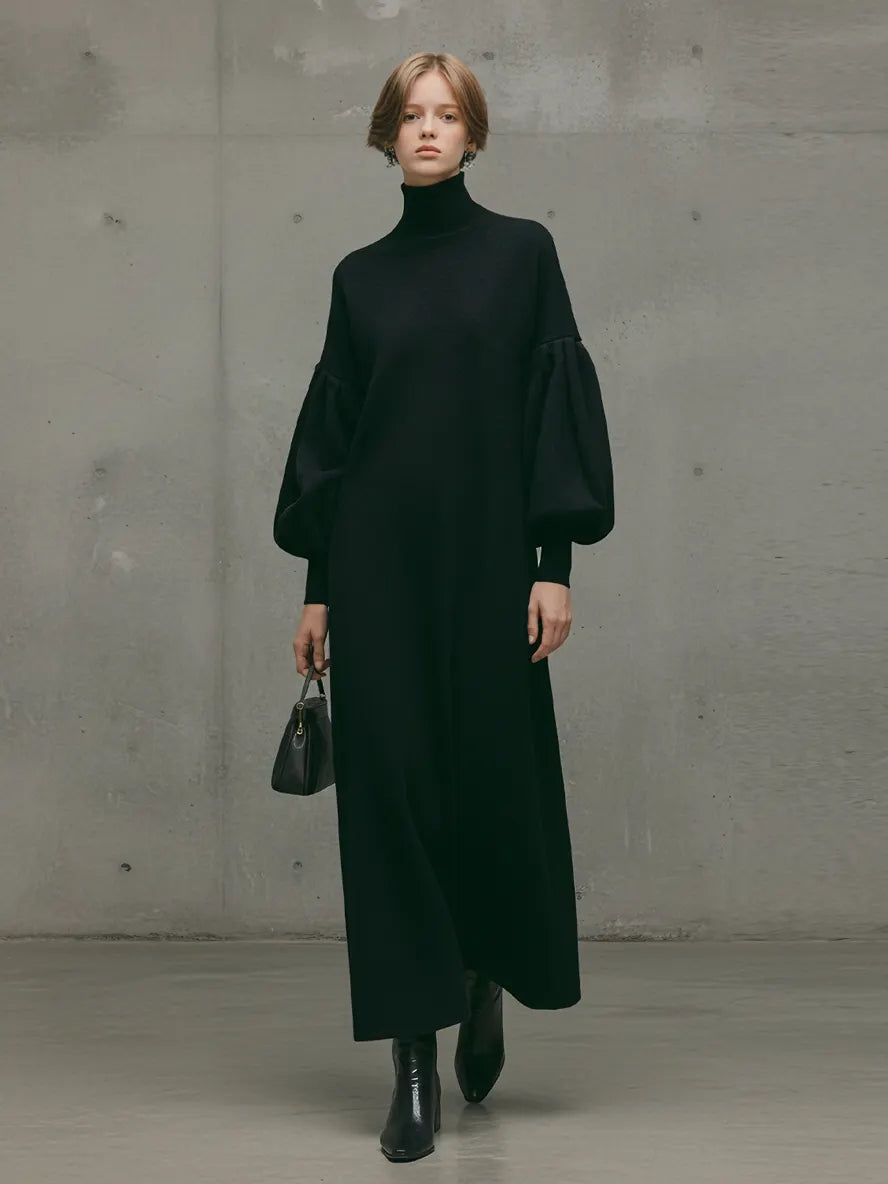 Women's Modern Black Turtleneck Puff-Sleeve Sweatshirt Maxi Dress