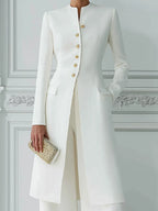 Stand Collar Gold Button Longline Blazer & Wide-Leg Pants Two-Piece Suit Set