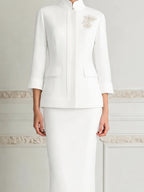 White Stand-Collar Floral Appliqué Fitted Suit And Pencil Skirt Set