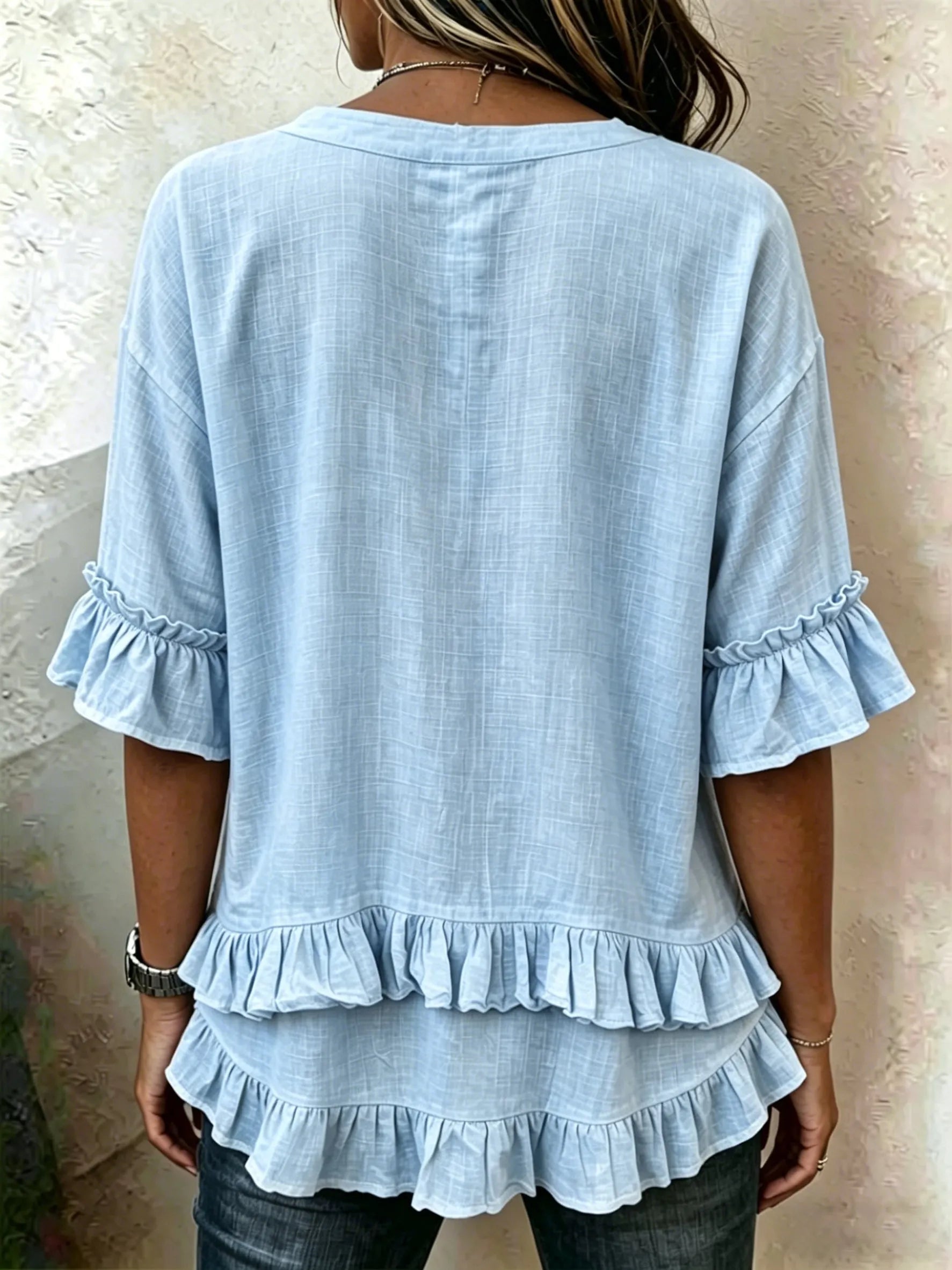 Retro Floral Embroidered V-neck Ruffled Loose-fit Shirt