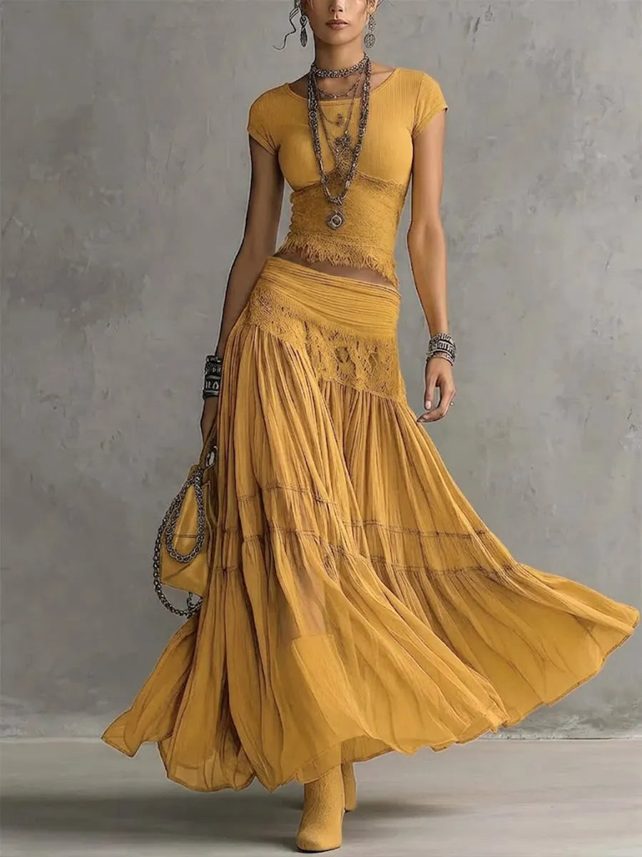 Casual Bohemian Short-sleeve T-shirt And Skirt Two-piece Set