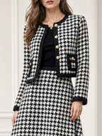 Houndstooth Tweed Crop Jacket & Midi Skirt Two Piece Set