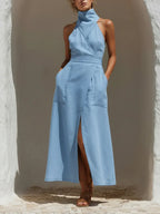 Women's Solid-color Stand-collar Sleeveless Loose-fit Cotton-linen Top & High-waisted A-line Skirt Two-piece Set
