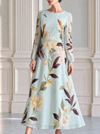 Light Mint Floral Print Long Sleeve Midi A-line Dress