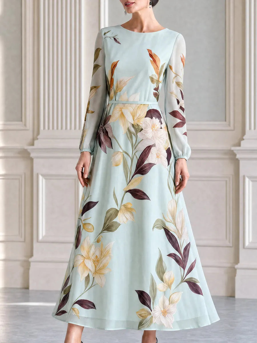 Light Mint Floral Print Long Sleeve Midi A-line Dress