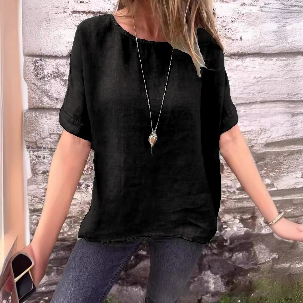 Solid Color Round Neck Half-sleeved Cotton Linen Blouse