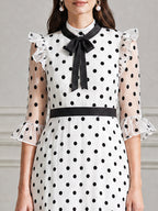 Polka Dot Bow Tie Neck Ruffle Sleeve Chiffon Midi Dress