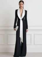 Contrast Shawl Collar Long Sleeve Wide Leg Jumpsuit