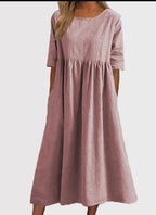 2025 spring and summer new round neck 5-quarter sleeve large size loose long cotton and linen dress
