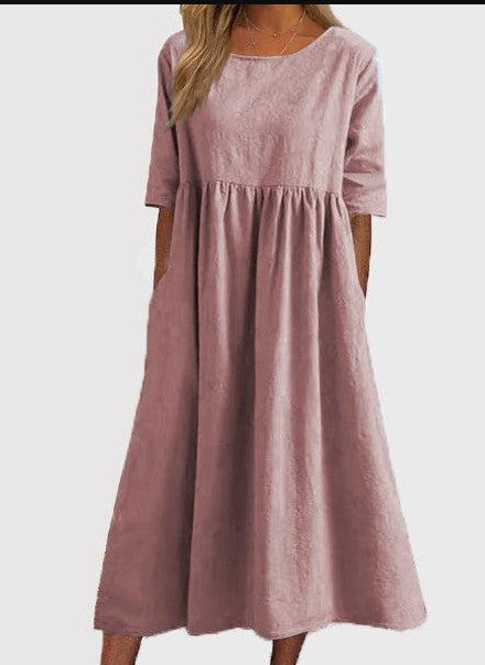 2025 spring and summer new round neck 5-quarter sleeve large size loose long cotton and linen dress