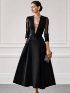 Satin Plunge-Neck Mesh-Sleeve Fit-and-Flare Midi Dress